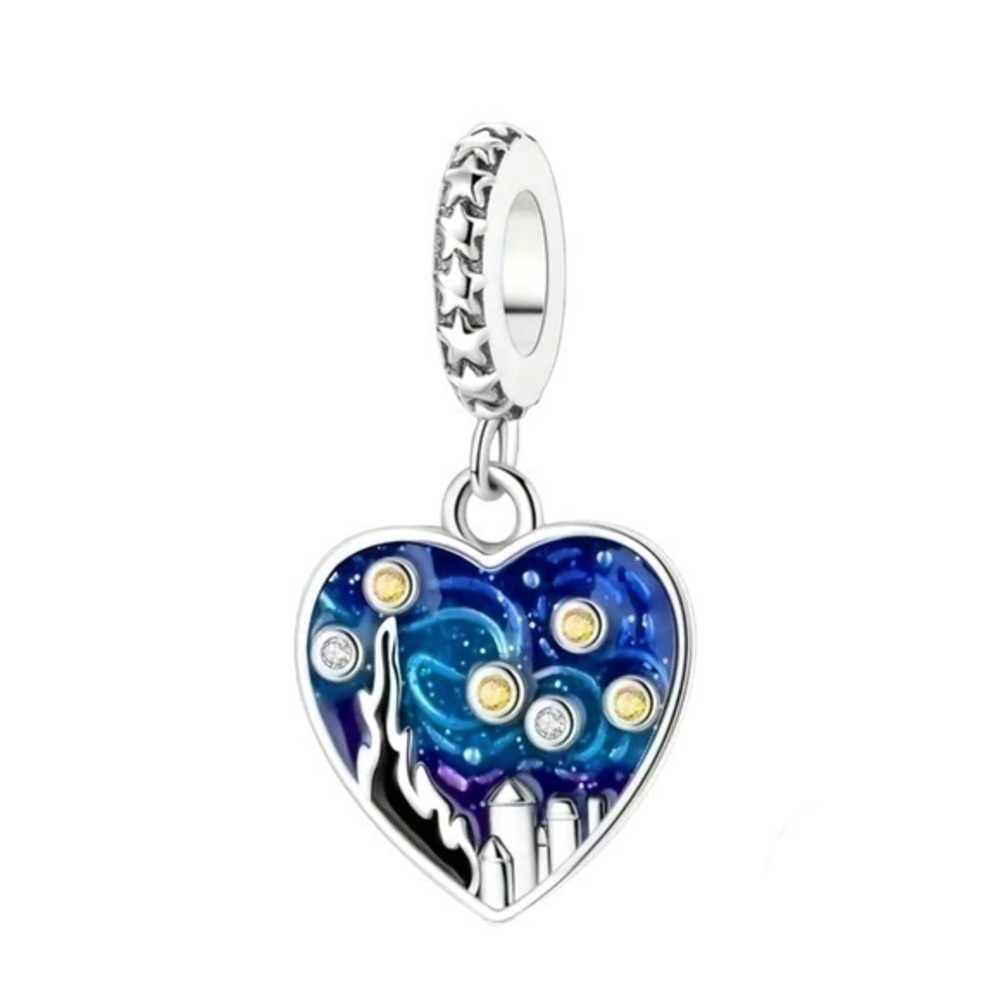 S925 Sterling Silver Van Gogh Starry Night Heart Charm - NWT